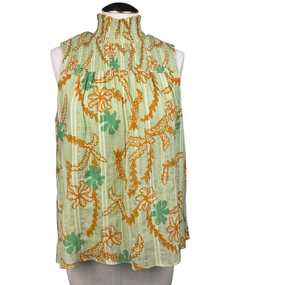 Joie Women's Sleeveless Top Floral Print Smocked Mock Neck Green‎ Size M